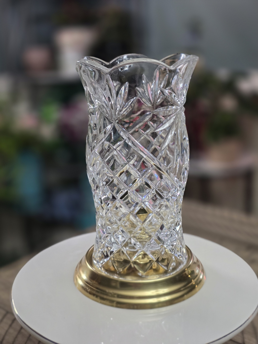 Clear Crystal Cut Glass Vase with Gold Base by